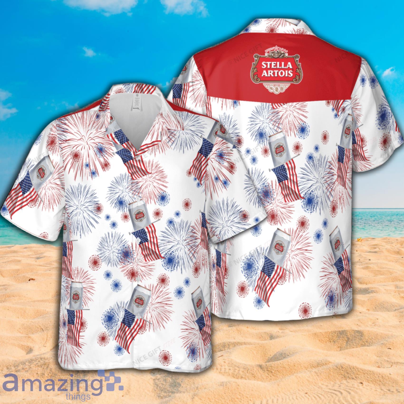 Stella Artois American Flag Fireworks Short Sleeve Hawaiian Shirt Product Photo 1