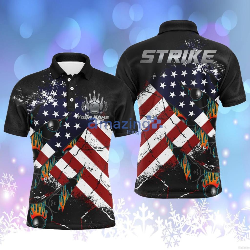 Strike American Flag Bowling Custom Name Polo Shirt - StrikeAmericanFlagBowlingCustomNamePoloShirt