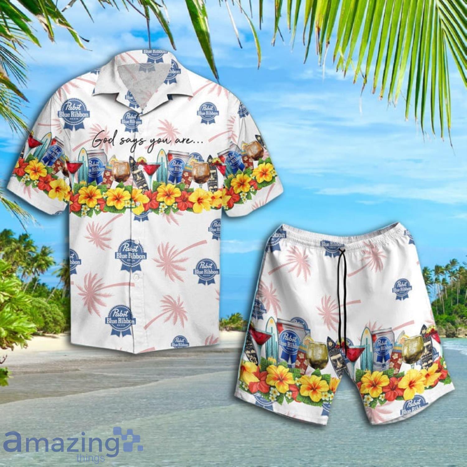 Summer Pabst Blue Ribbon Short Sleeve Hawaiian Shirt And Short Product Photo 1