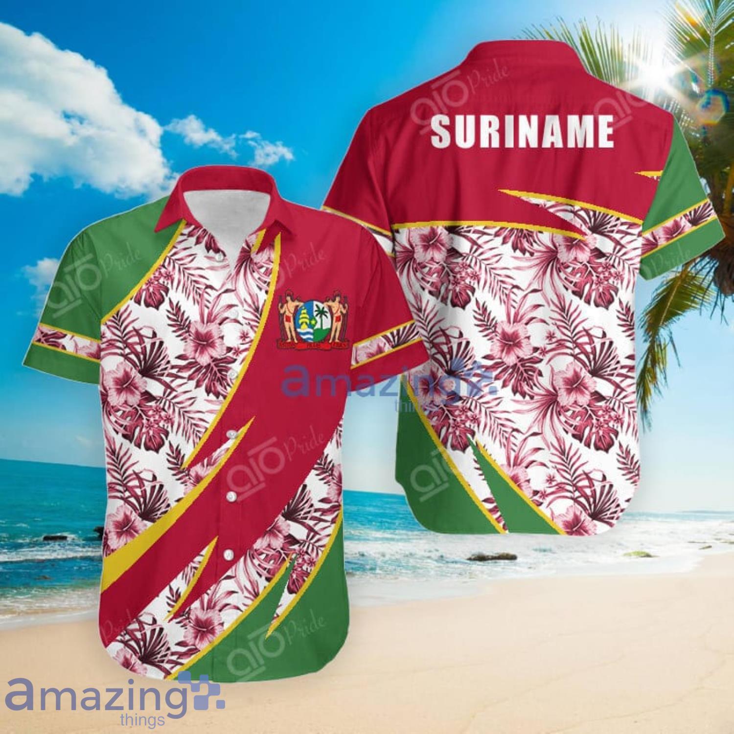 Suriname Groly Coat Of Arms Hibiscus Pattern Hawaiian Shirt Summer Gift For Men And Women Product Photo 1