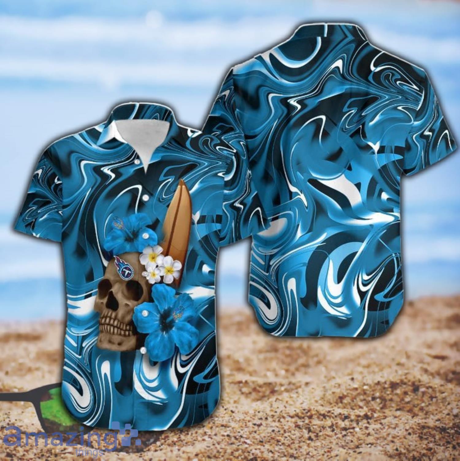 Tennessee Titans Skull And Hibiscus Flower NFL All Over Print Hawaiian Shirt Product Photo 1
