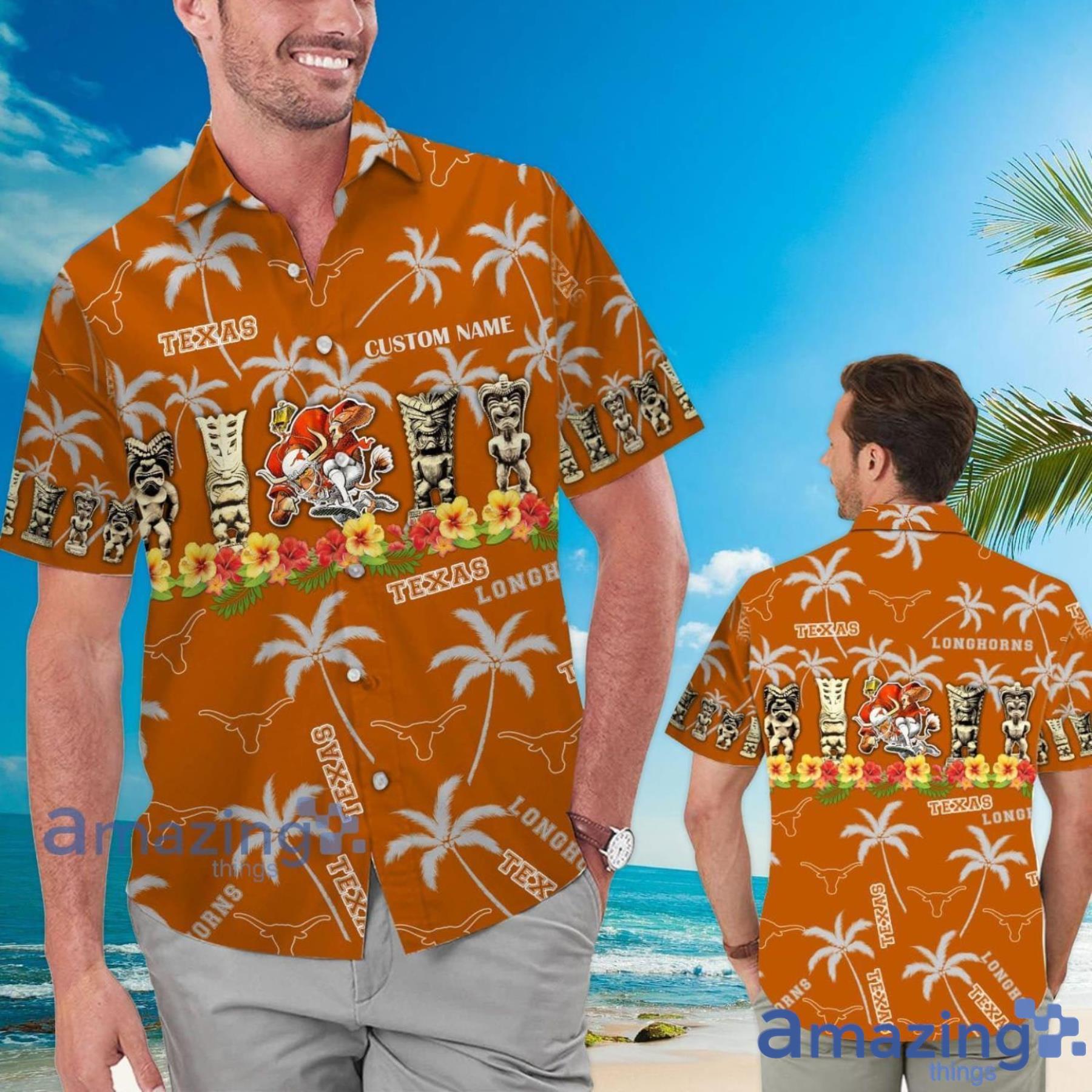Texas Longhorns Coconut Pattern Tiki Custom Name Hawaiian Shirt Summer Gift Product Photo 1 Texas Longhorns Coconut Pattern Tiki Custom Name Hawaiian Shirt Summer Gift Product Photo 1