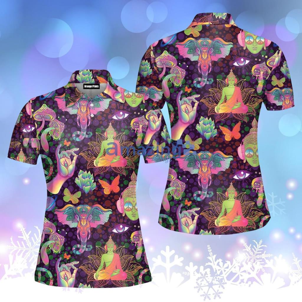 Trippy Mushrooms Peace Sign Acid Buddha And Butterflie Polo Shirt  For Women - Trippy Mushrooms Peace Sign Acid Buddha And Butterflie Polo Shirt  For Women  PO5116