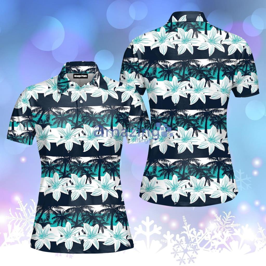 Tropical Frangipani Palms Stripes Polo Shirt  For Women - Tropical Frangipani Palms Stripes Polo Shirt  For Women  PO5171