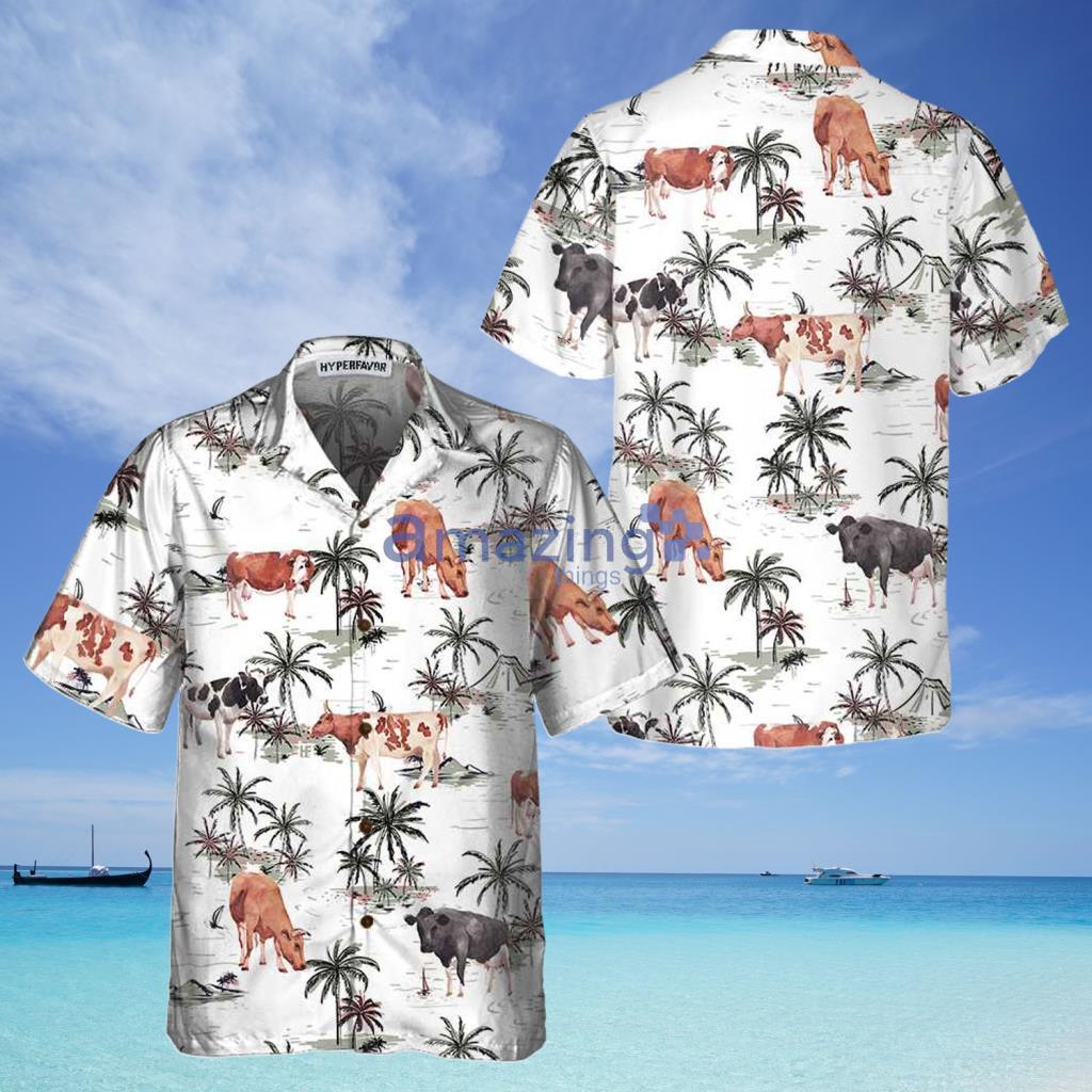 Tropical Island And Cows Pattern Cow Hawaiian Shirt - Tropical Island And Cows Pattern Cow Hawaiian Shirt