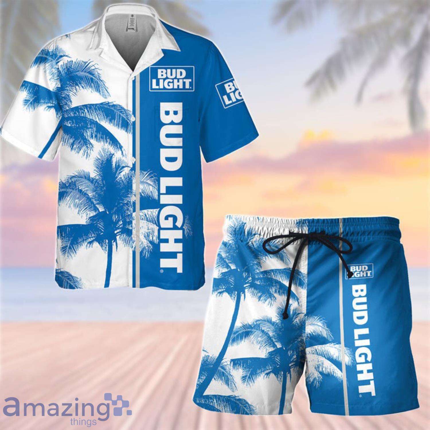 Tropical Palm Bud Light Short Sleeve Hawaiian Shirt And Short Product Photo 1