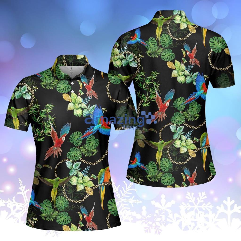 Tropical Parot With Gold Chains Leaves Polo Shirt  For Women - Tropical Parot With Gold Chains Leaves Polo Shirt  For Women  PO5402