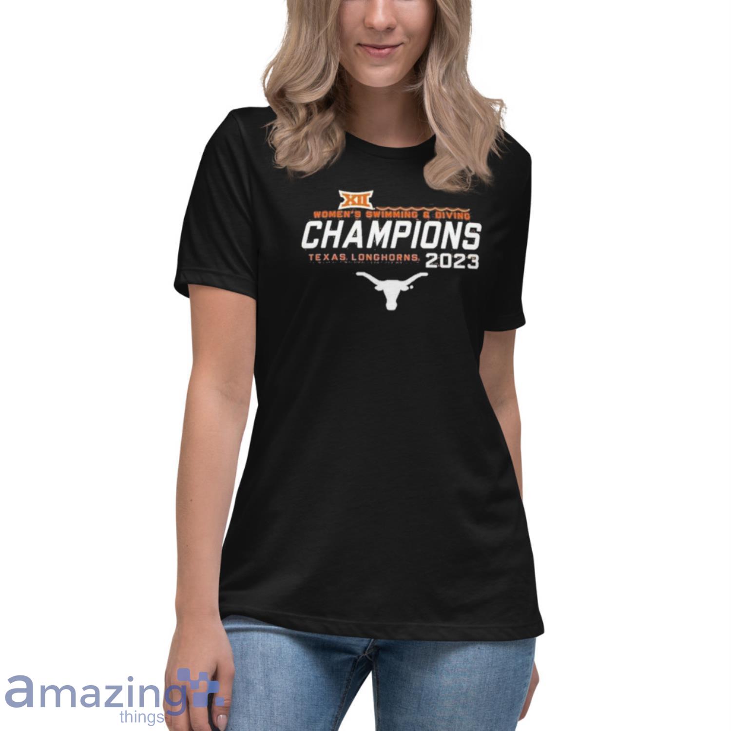 University Of Texas Longhorns 2023 Big 12 Women’s Swimming & Diving Champions shirt image University Of Texas Longhorns 2023 Big 12 Women’s Swimming & Diving Champions shirt - Womens Relaxed Short Sleeve Jersey Tee
