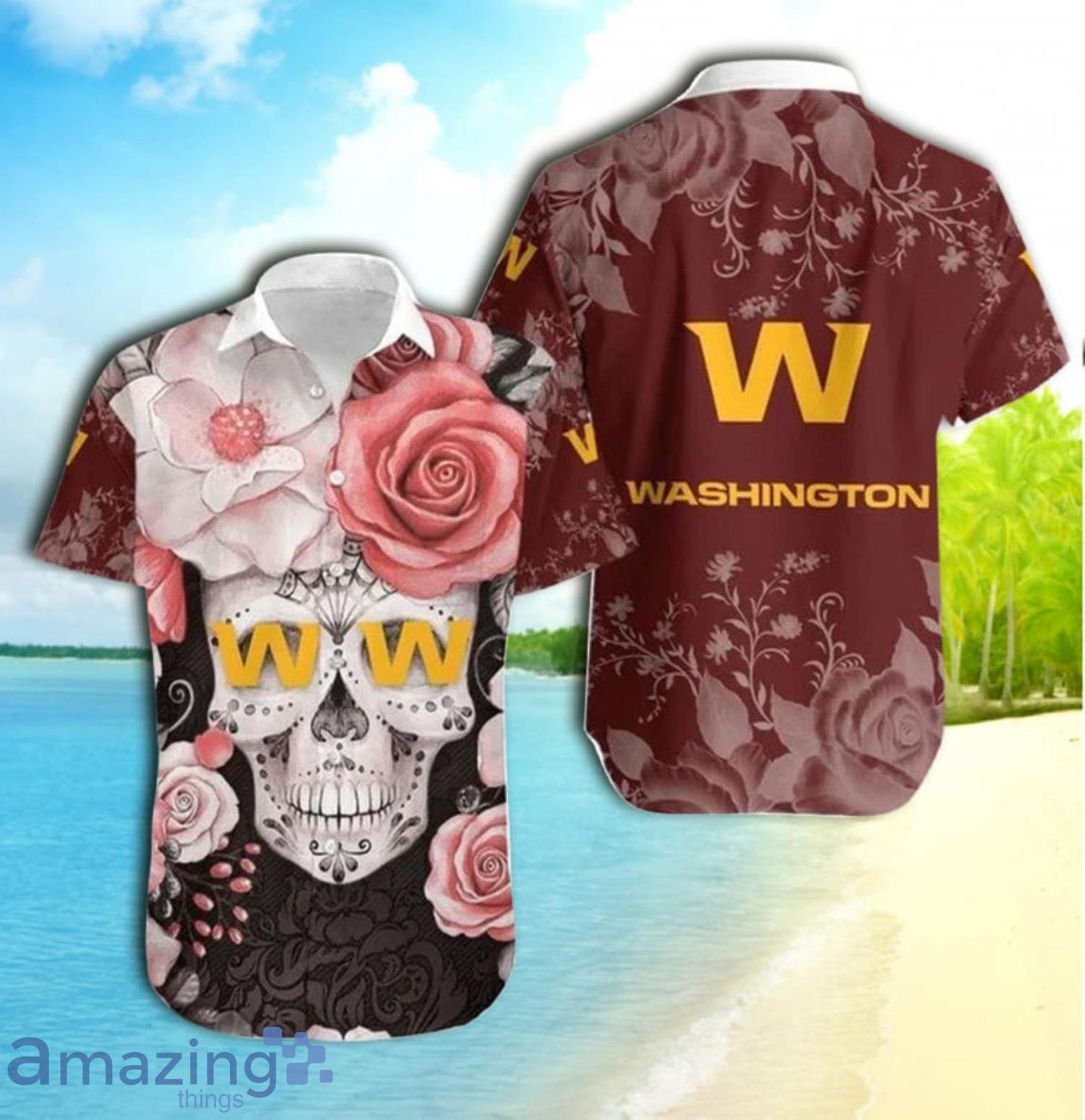 Washington Football Team Skull And Rose Short Sleeve Hawaiian Shirt Product Photo 1