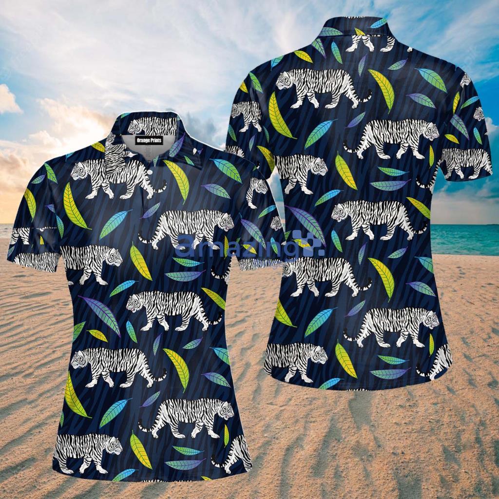 White Tiger Walking Roar Wild Leaves Polo Shirt - White Tiger Walking Roar Wild Leaves Polo Shirt