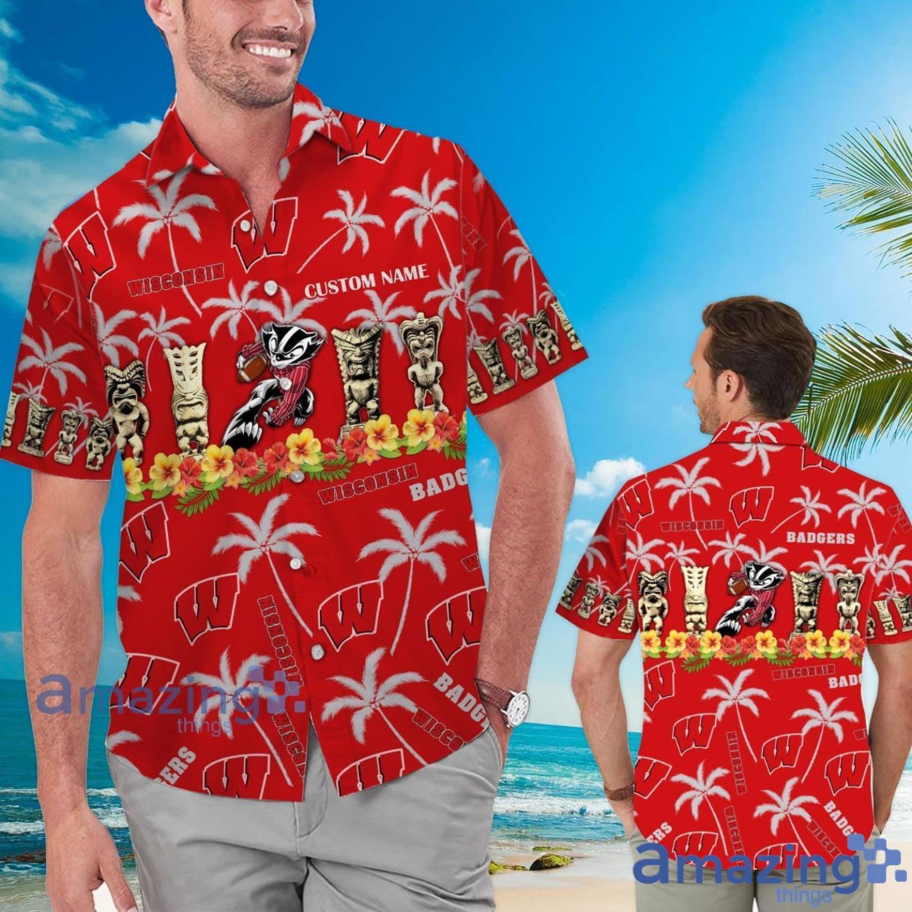 Wisconsin Badgers Coconut Pattern Tiki Custom Name Hawaiian Shirt Summer Gift Product Photo 1