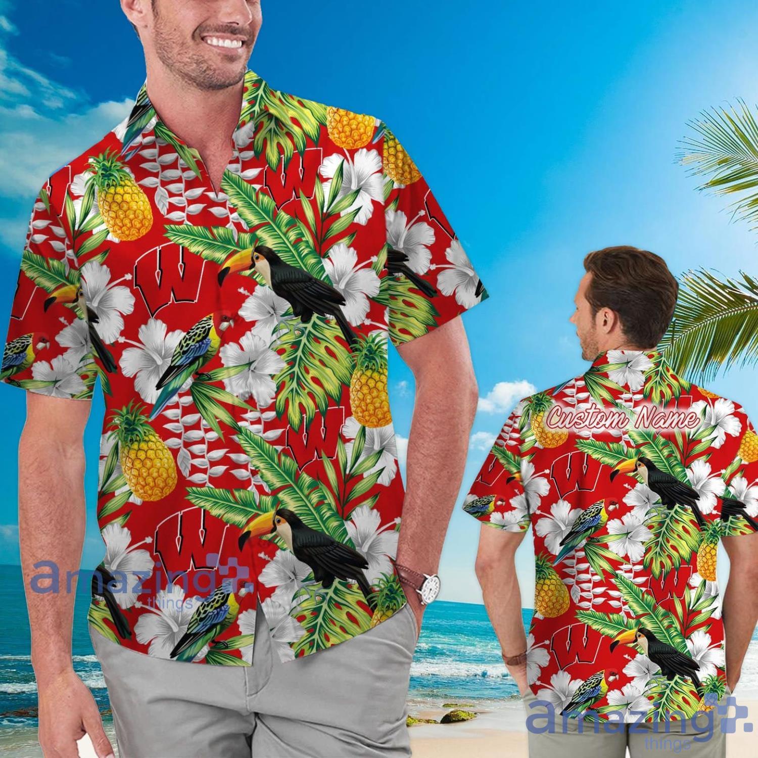 Wisconsin Badgers Custom Name Pineapple Parrot Floral Tropical Hawaiian Shirt Product Photo 1