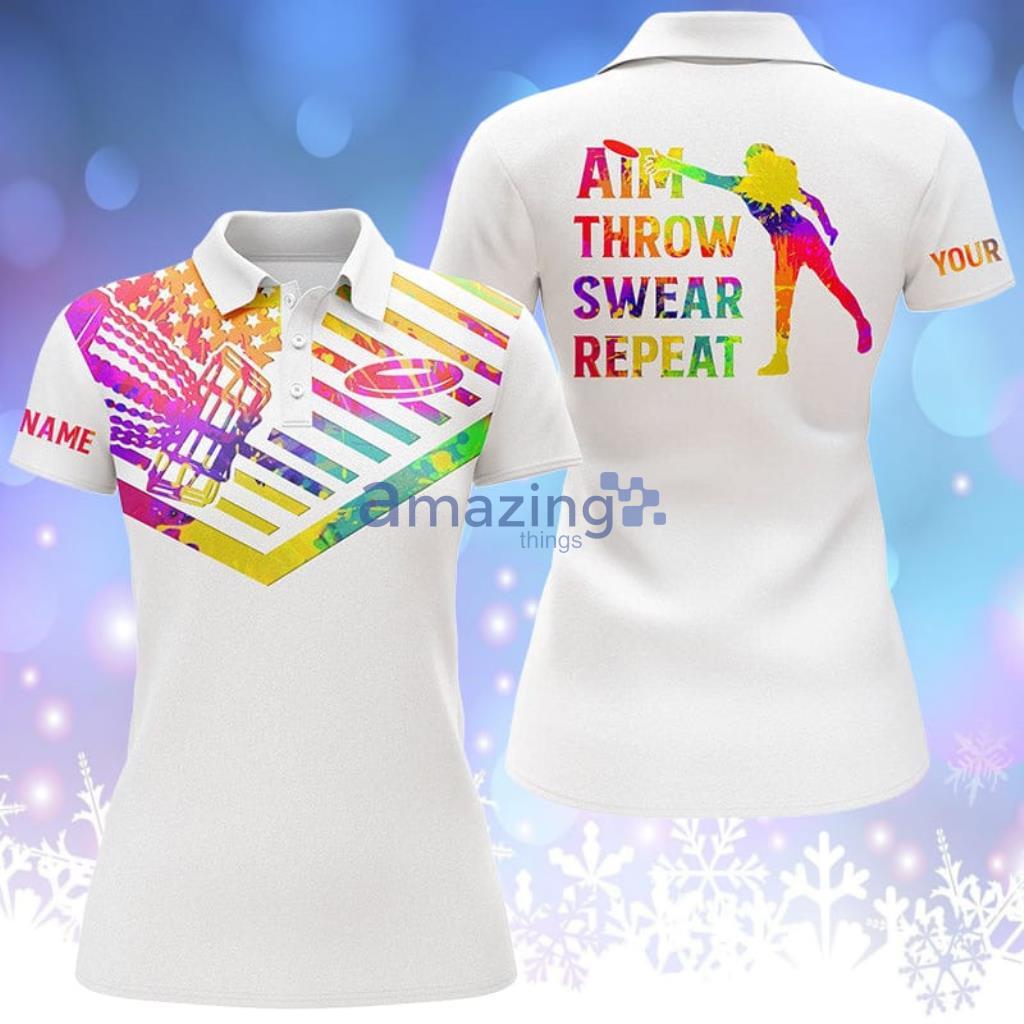 Womens Disc Golf Watercolor American Flag Custom Name Polo Shirt - WomensDiscGolfWatercolorAmericanFlagCustomNamePoloShirt