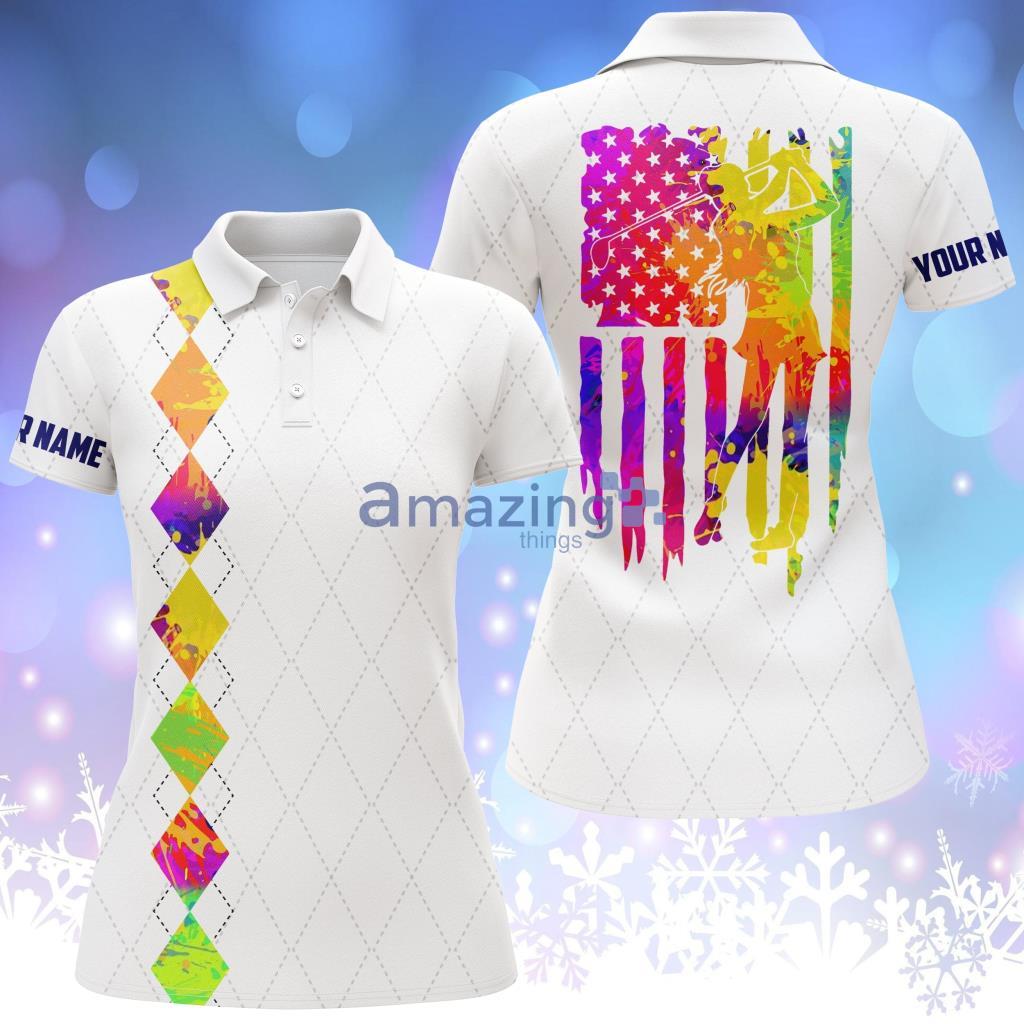 Womens Golf Polo Shirt Watercolor American Flag Custom Name Polo Shirt - WomensGolfPoloShirtWatercolorAmericanFlagPatrCustomNamePoloShirt
