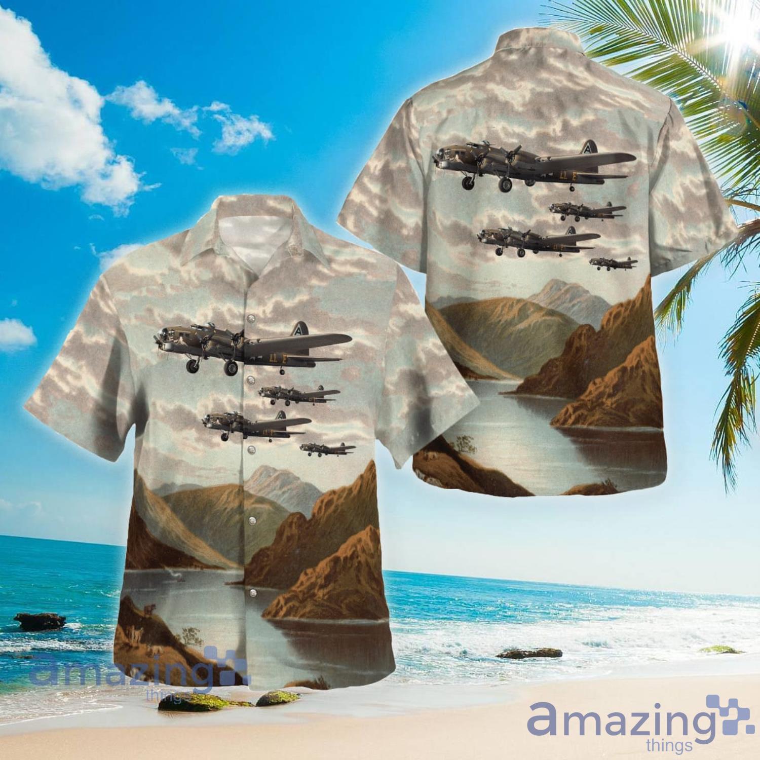 WWII Boeing B-17 Flying Fortress Heavy Bomber Military Aircraft Flying Over Mountain Aloha Summer Gift Hawaiian Shirt Product Photo 1