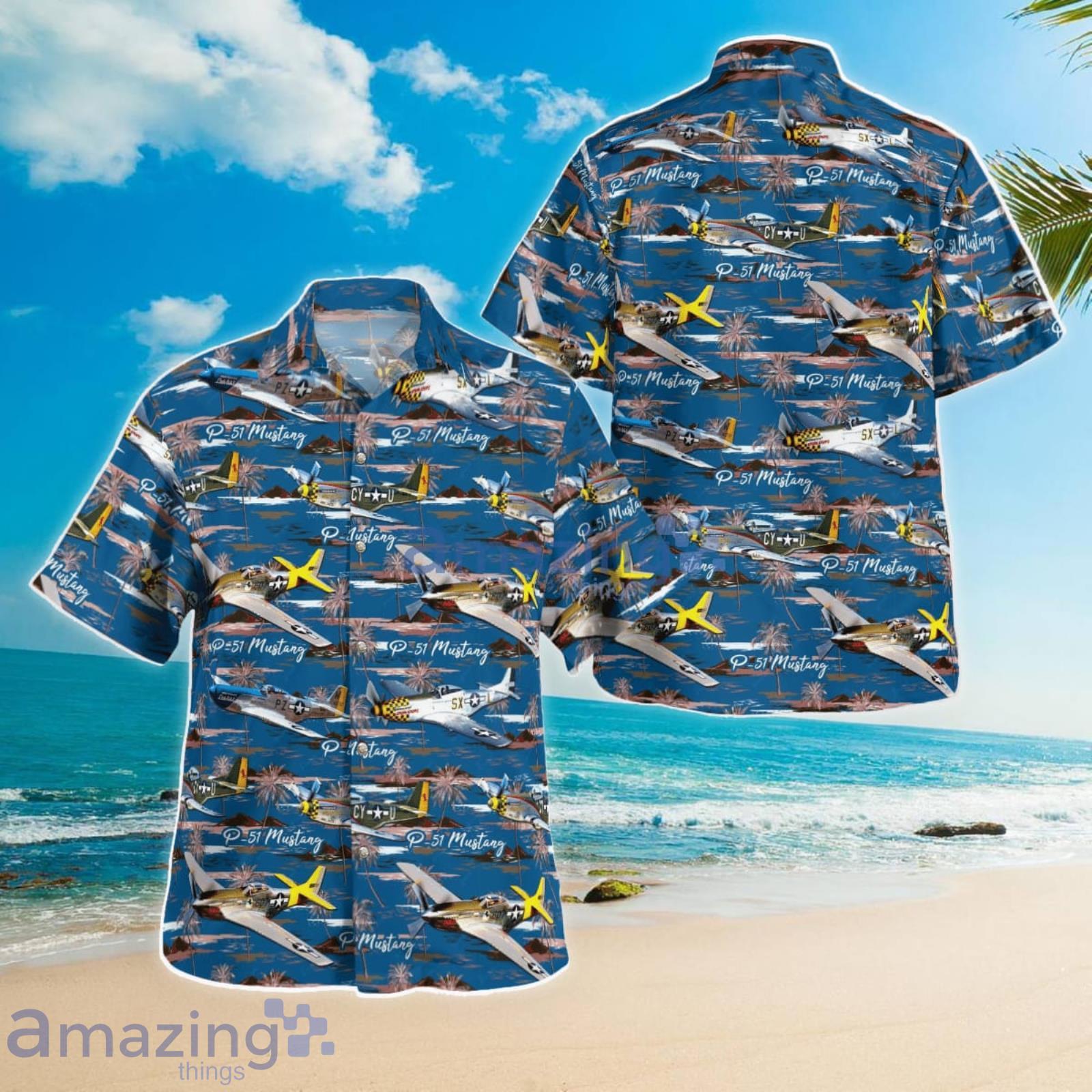 WWII Military Aircraft Warplane Fighter-bomber North American P-51 Mustang Palm Tree Summer Gift Hawaiian Shirt Product Photo 1
