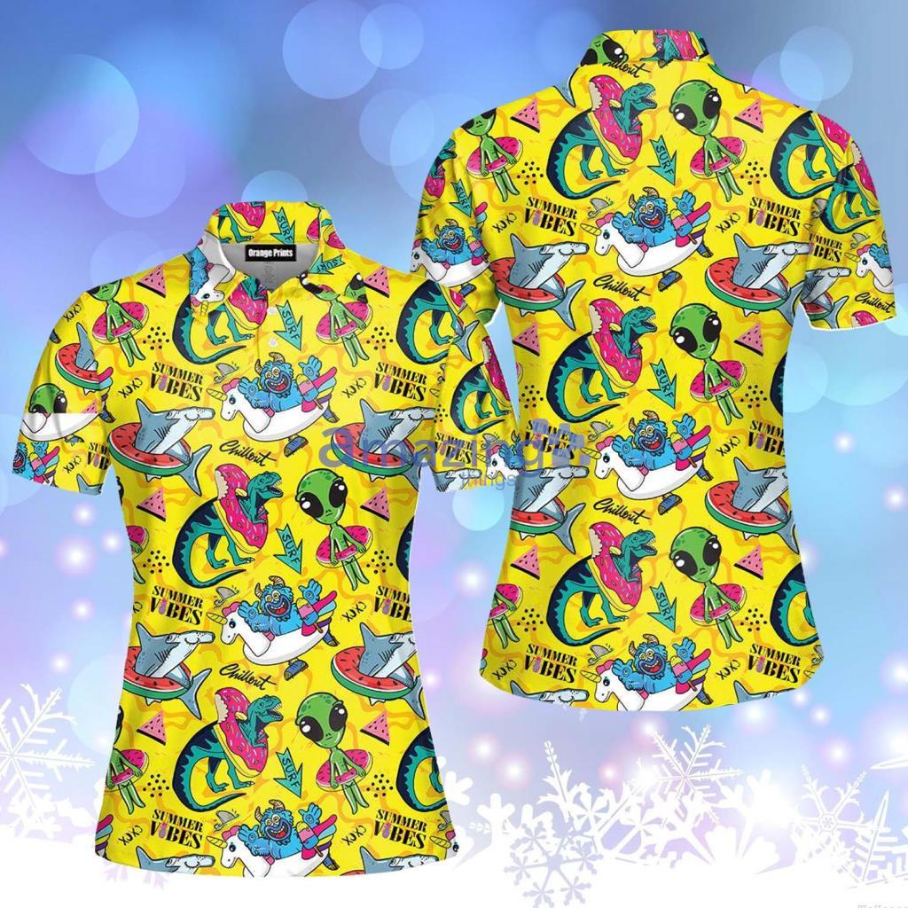 Yellow T-Rex With Alien Summer Vibes Polo Shirt - Yellow T-Rex With Alien Summer Vibes Polo Shirt