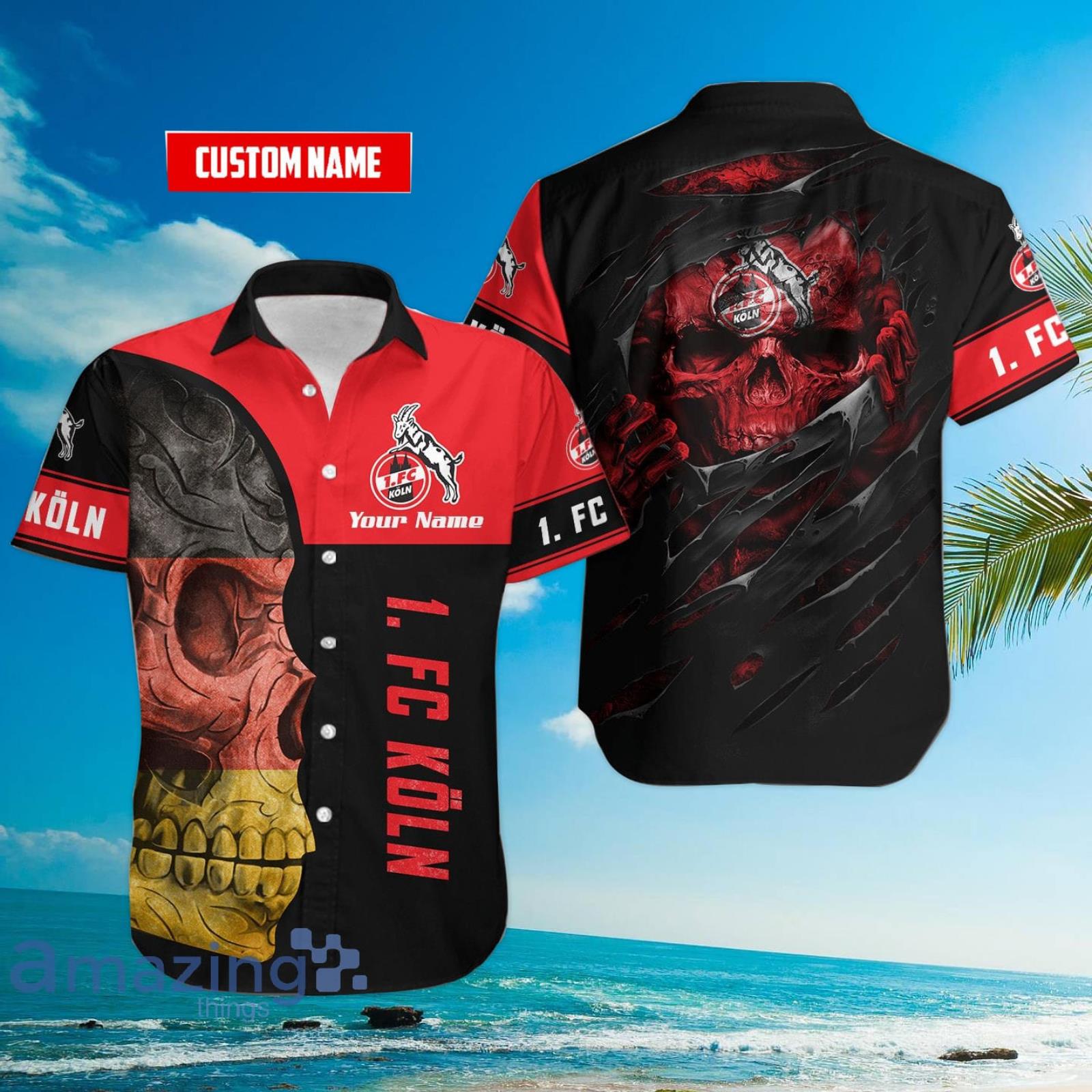 1. FC Köln Flag Skull Custom Name 3D Hawaiian Shirt For Fans Product Photo 1