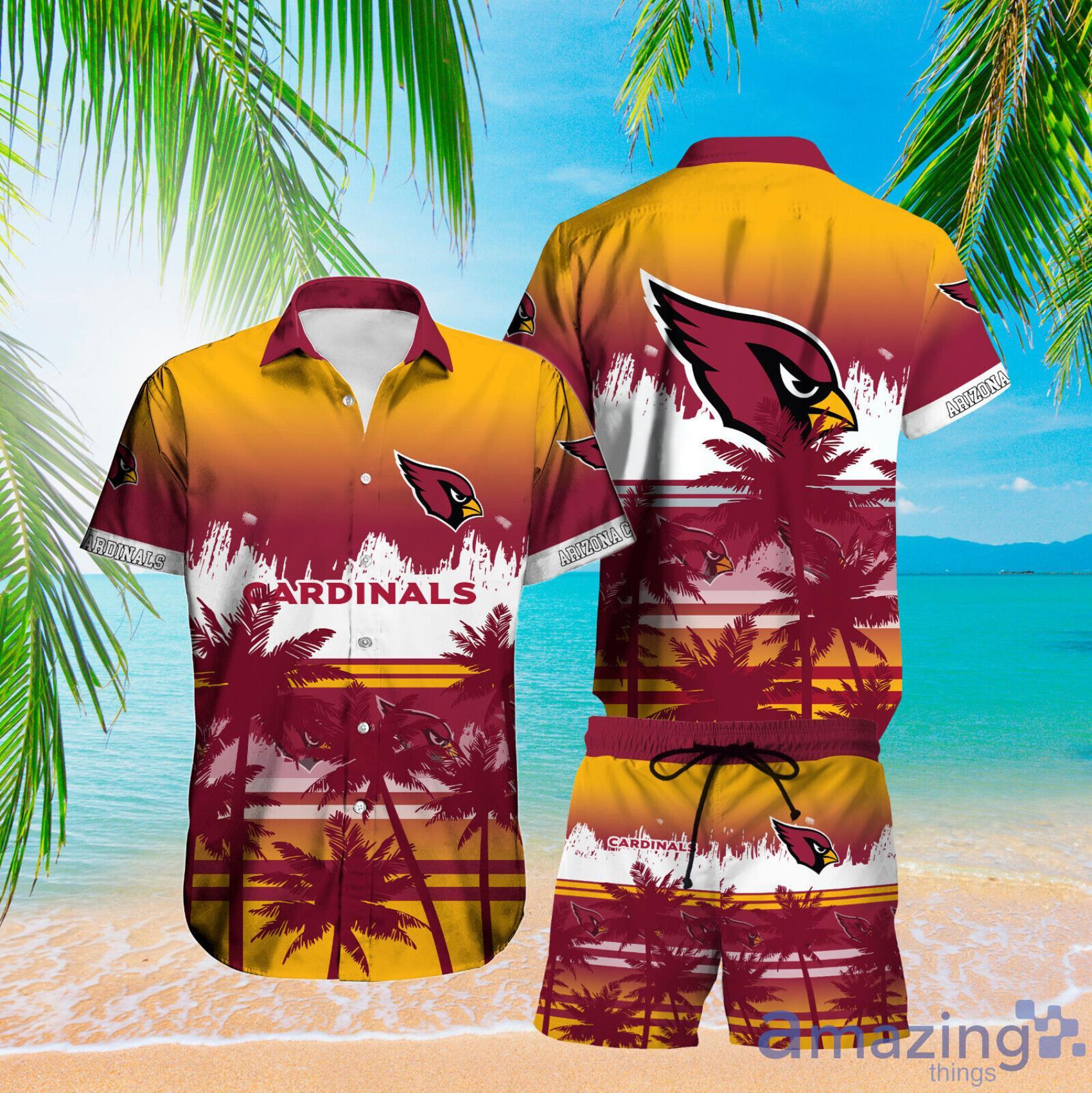 Arizona Cardinals Grunge Texture And Coconut Tree Pattern Hawiian Shirt And Short - Arizona Cardinals Mens Button Down Shirt2