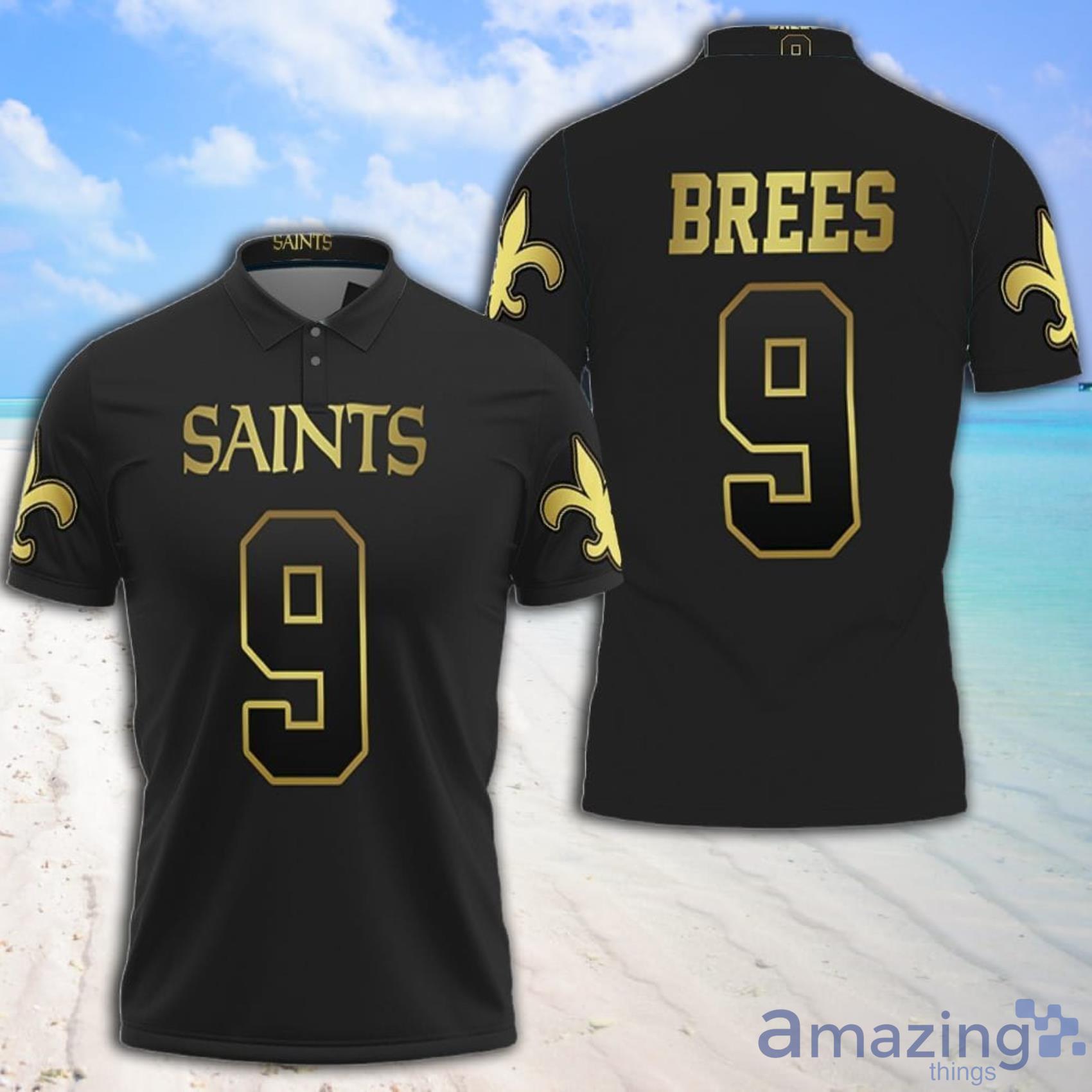 Art New Orleans Saints 9 Drew Brees Black Golden Edition Jersey Inspired Full Print Polo Shirt Product Photo 1