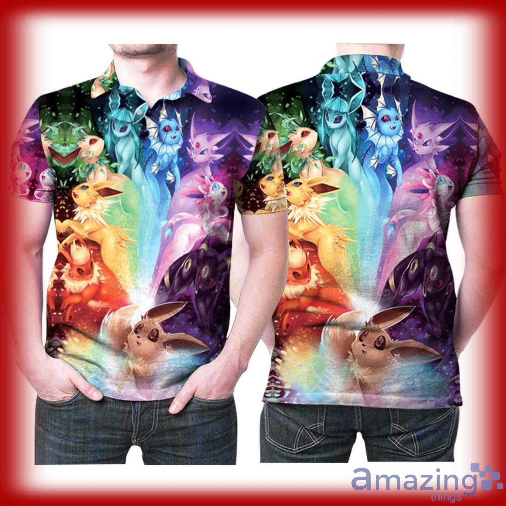 Art Pokemon Eevee Evolution Rainbow Japanese Anime Full Print Polo Shirt