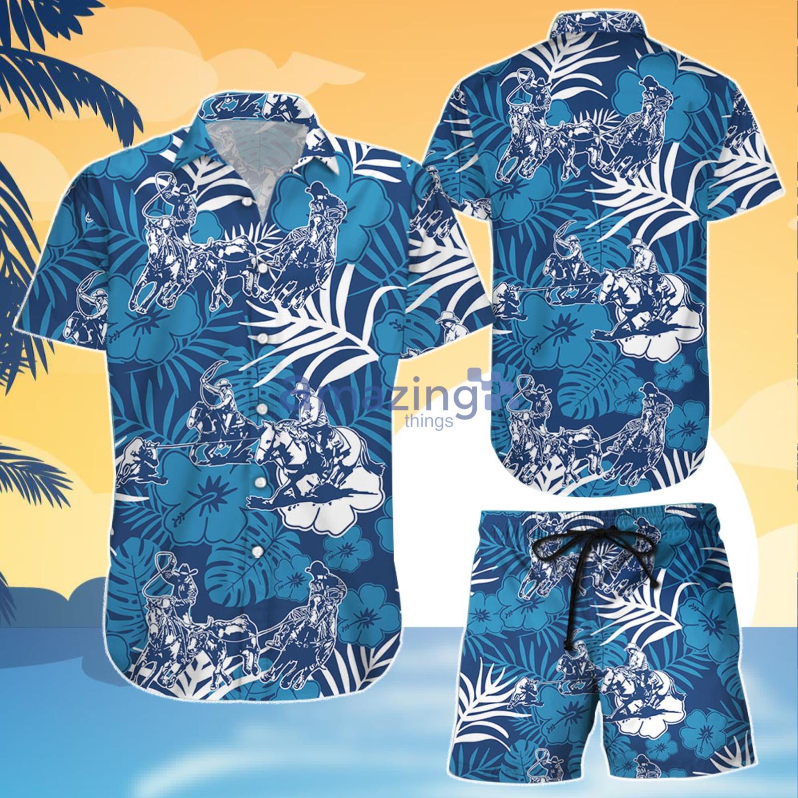 Awesome Team Roping Blue Tropical Combo Hawaiian Shirt And Shorts Product Photo 1
