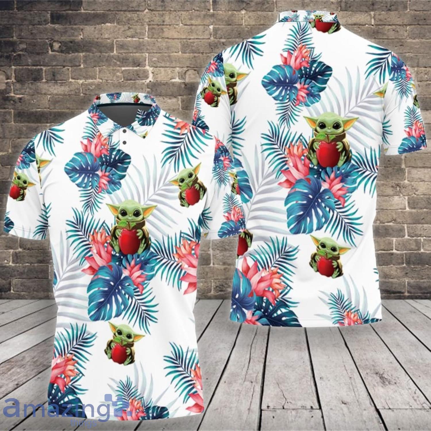 Baby Yoda Lover Baby Yoda Hugging Apples Seamless Tropical Blue Leaves On White Polo shirt Product Photo 1