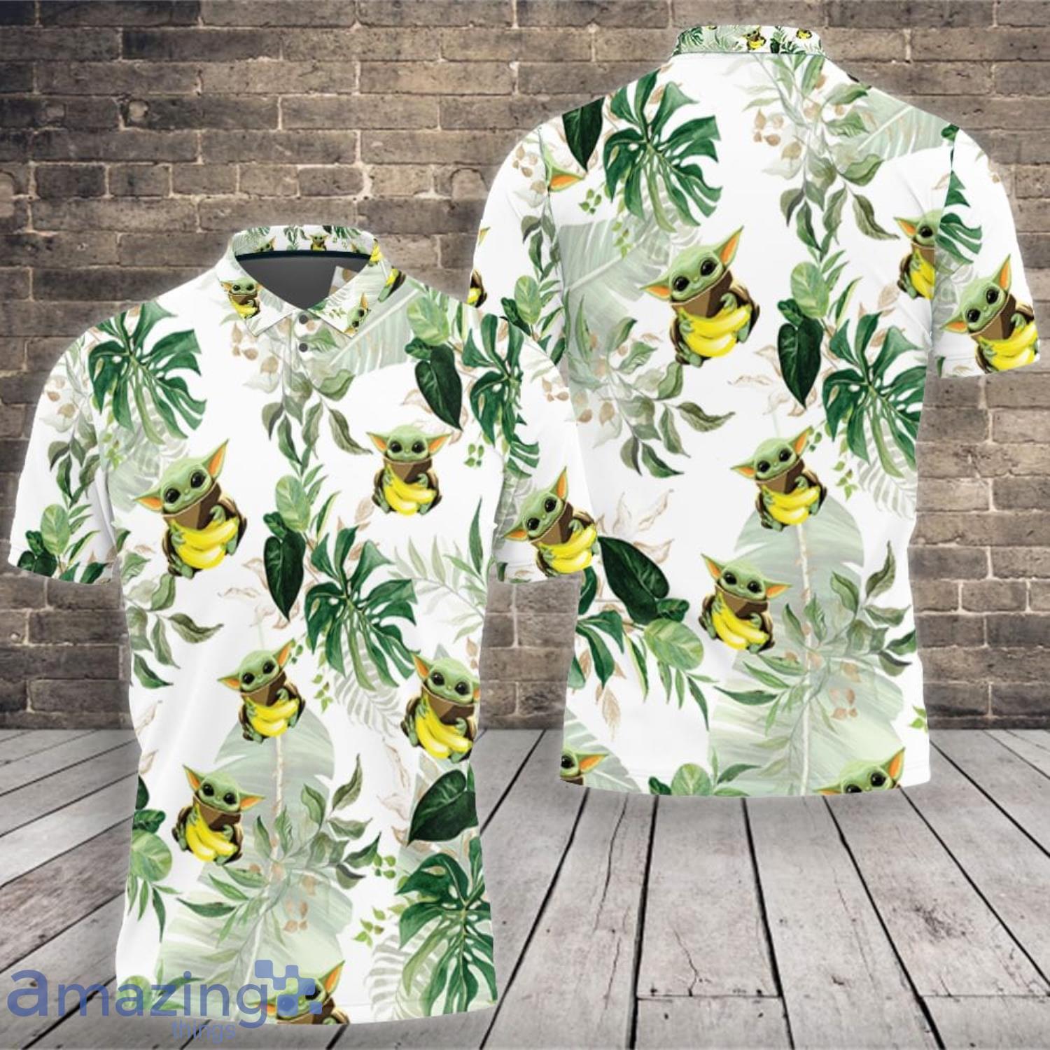 Baby Yoda Lover Baby Yoda Hugging Bananas Seamless Tropical Green Leaves On White Polo shirt image Baby Yoda Lover Baby Yoda Hugging Bananas Seamless Tropical Green Leaves On White Polo shirt Product Photo 2