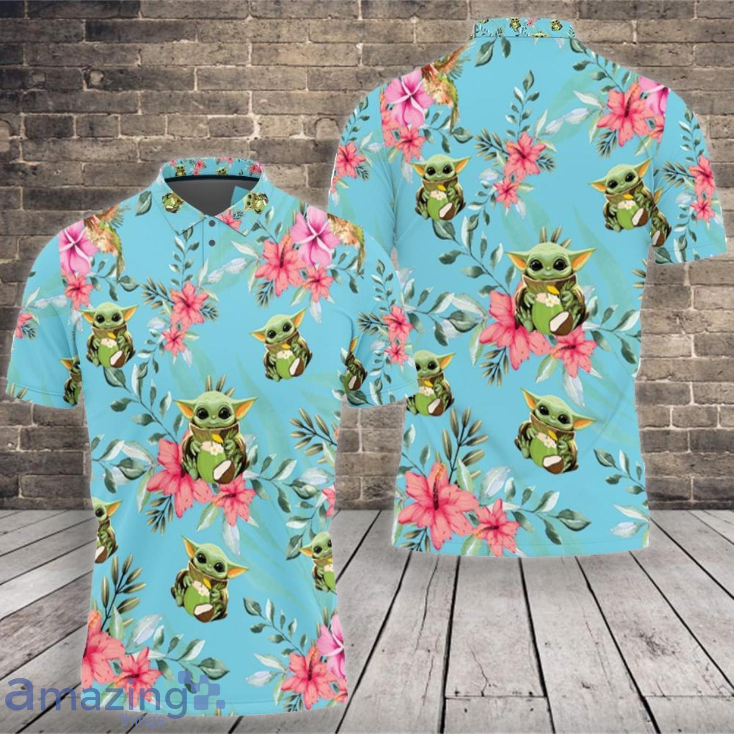 Baby Yoda Lover Baby Yoda Hugging Coconuts Seamless Tropical Colorful Flowers On Teal Polo Shirt Product Photo 1