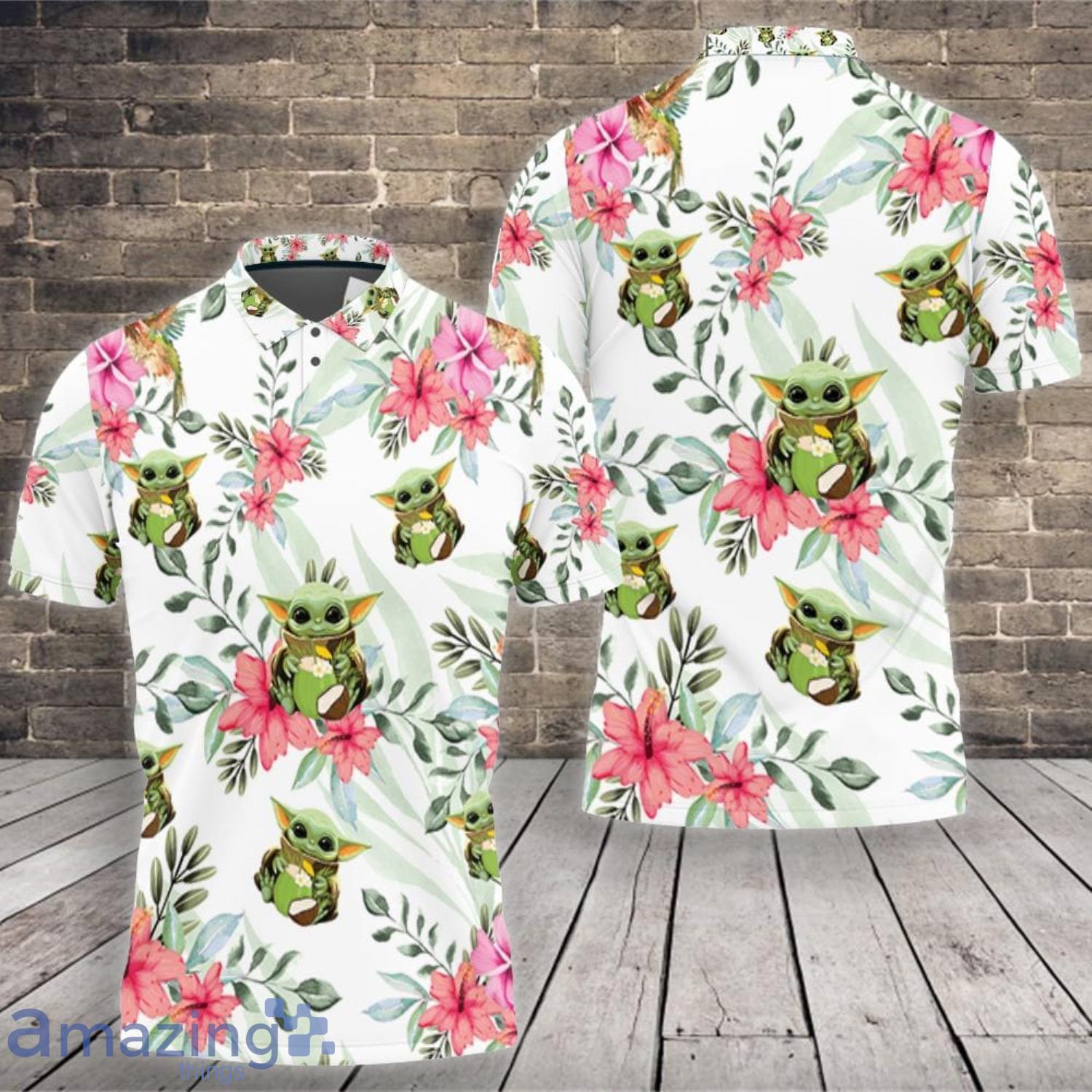 Baby Yoda Lover Baby Yoda Hugging Coconuts Seamless Tropical Colorful Flowers On White Polo Shirt Product Photo 1