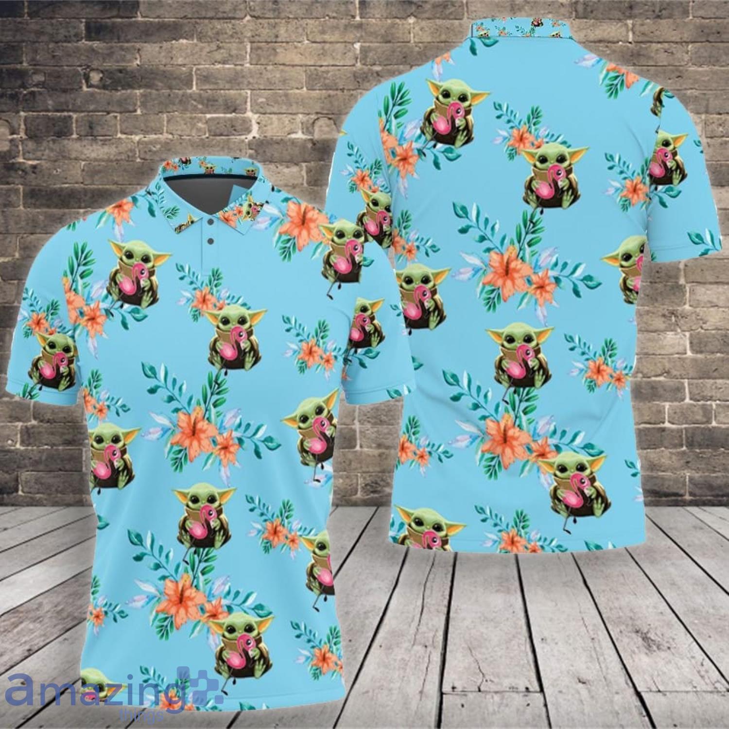 Baby Yoda Lover Baby Yoda Hugging Flamingos Seamless Tropical Colorful Flowers On Teal Polo shirt Product Photo 1