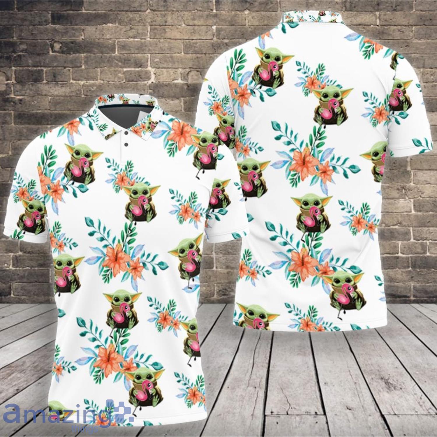 Baby Yoda Lover Baby Yoda Hugging Flamingos Seamless Tropical Colorful Flowers On White Polo Shirt Product Photo 1