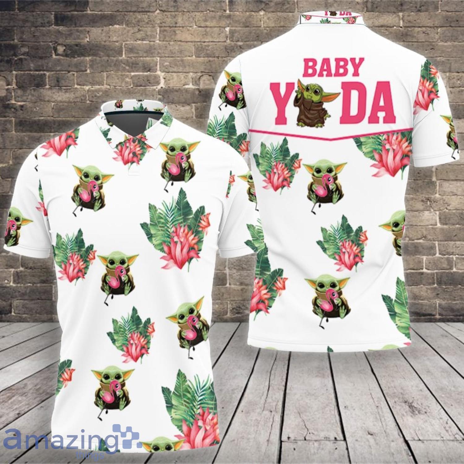 Baby Yoda Lover Baby Yoda Hugging Flamingos Seamless Tropical Leaves Lotuses On Black Polo Shirt Product Photo 1