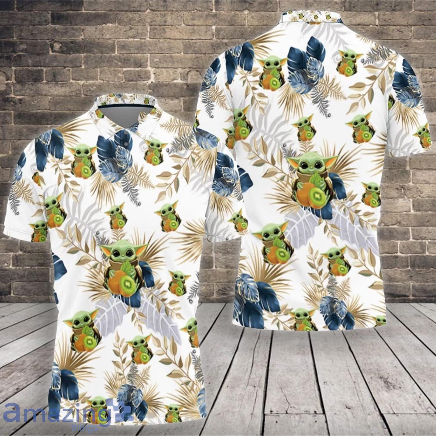 Baby Yoda Lover Baby Yoda Hugging Kiwis Seamless Tropical Blue And Green Leaves On White Polo shirt Product Photo 1