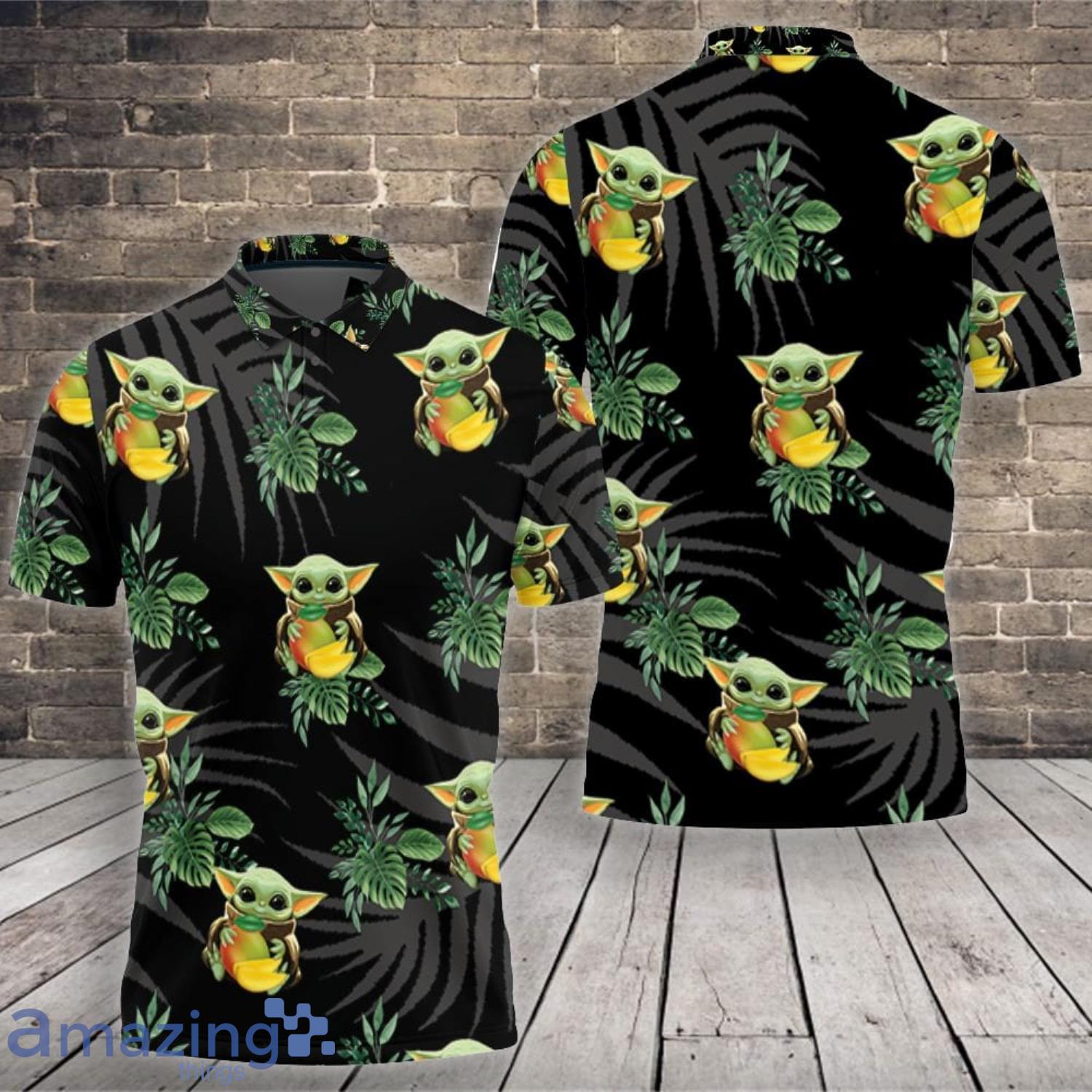 Baby Yoda Lover Baby Yoda Hugging Kiwis Seamless Tropical Green Leaves On Black Polo Shirt Product Photo 1