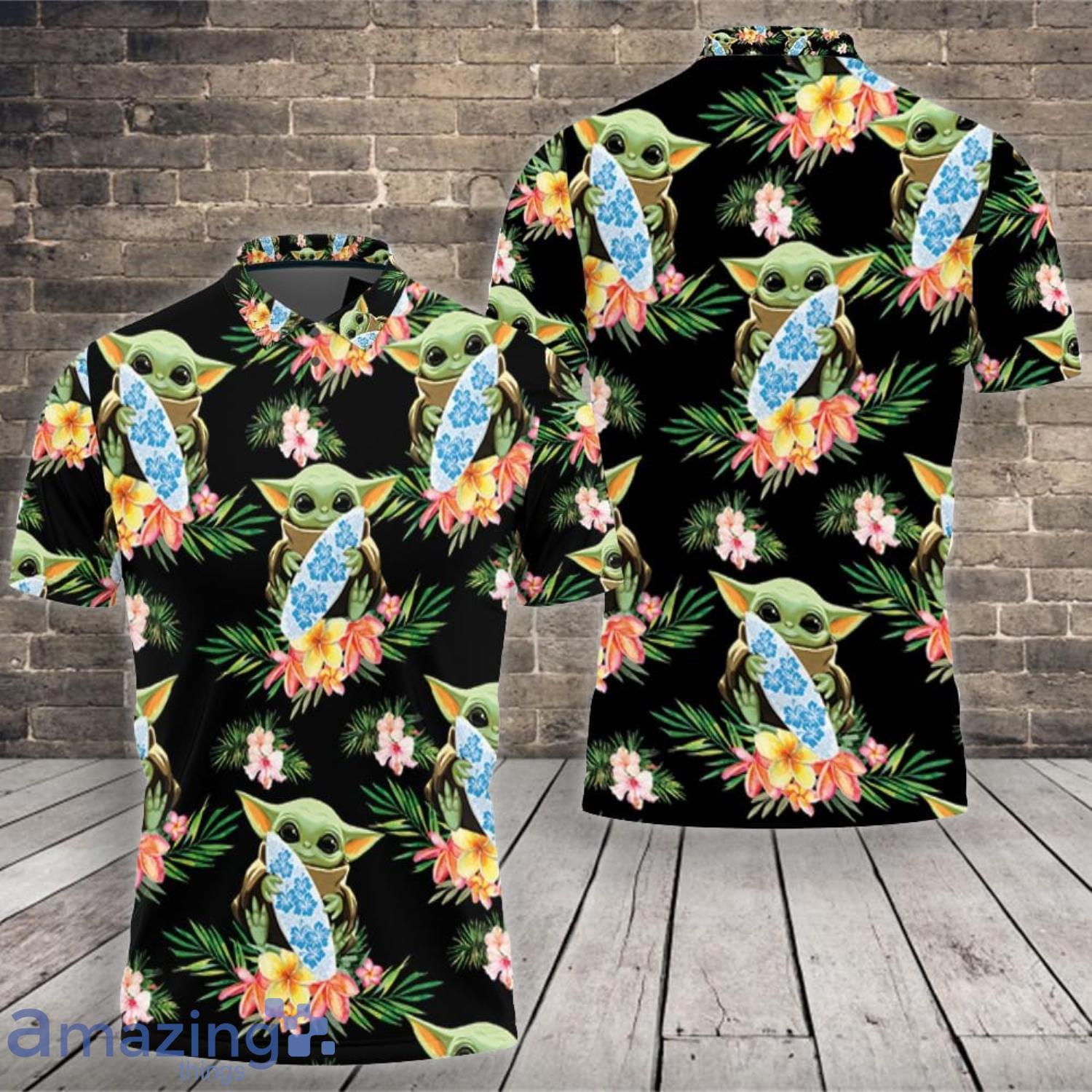 Baby Yoda Lover Baby Yoda Hugging Surf Boards Seamless Tropical Green Leaves On Black Polo shirt Product Photo 1