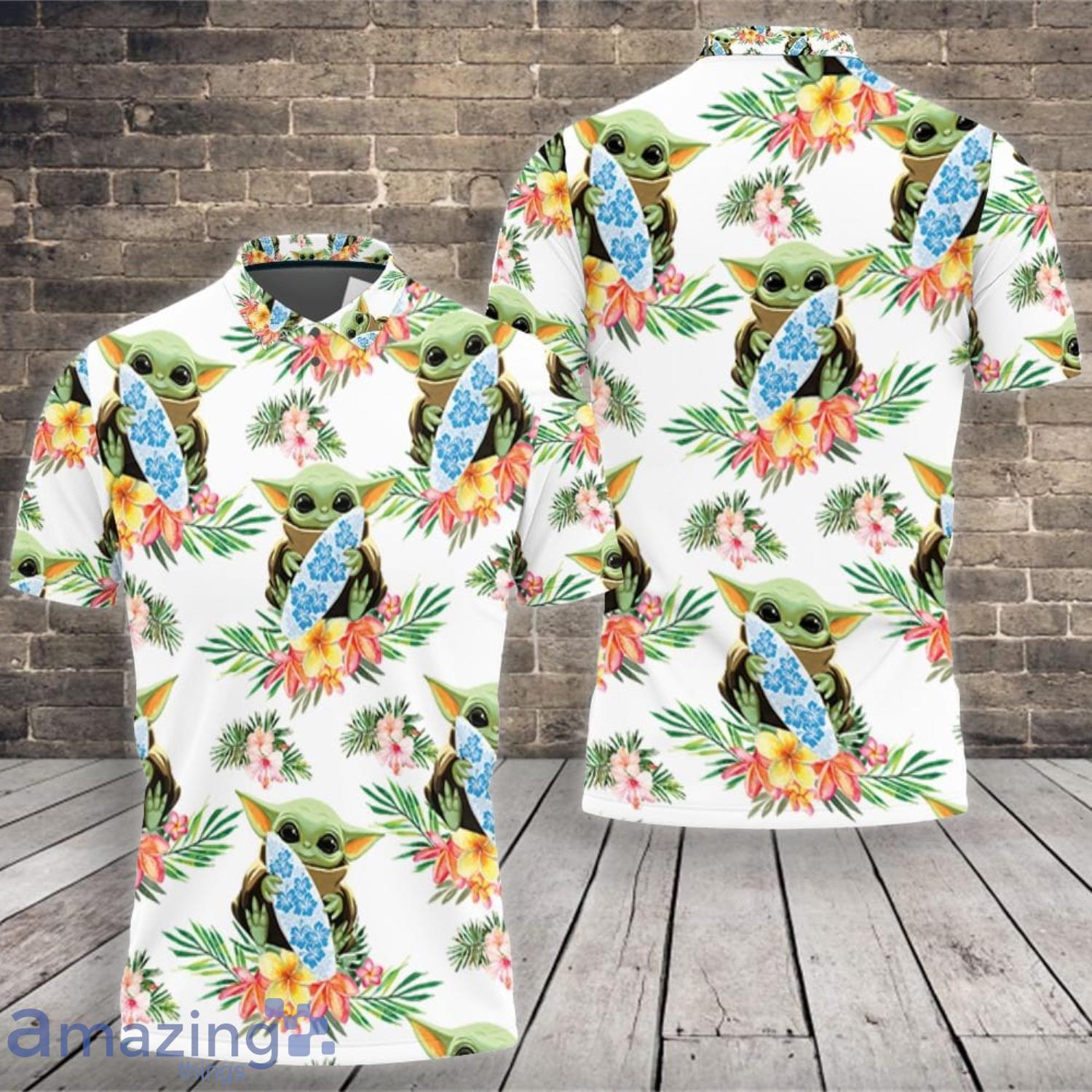 Baby Yoda Lover Baby Yoda Hugging Surf Boards Seamless Tropical Green Leaves On White Polo Shirt Product Photo 1