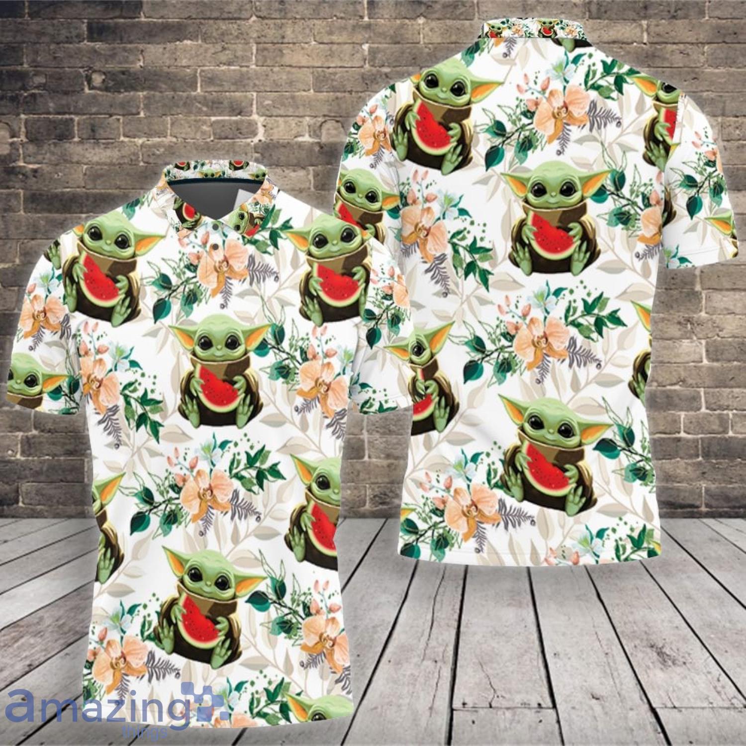 Baby Yoda Lover Baby Yoda Hugging Watermelons Seamless Tropical Colorful Flowers On White Polo Shirt Product Photo 1