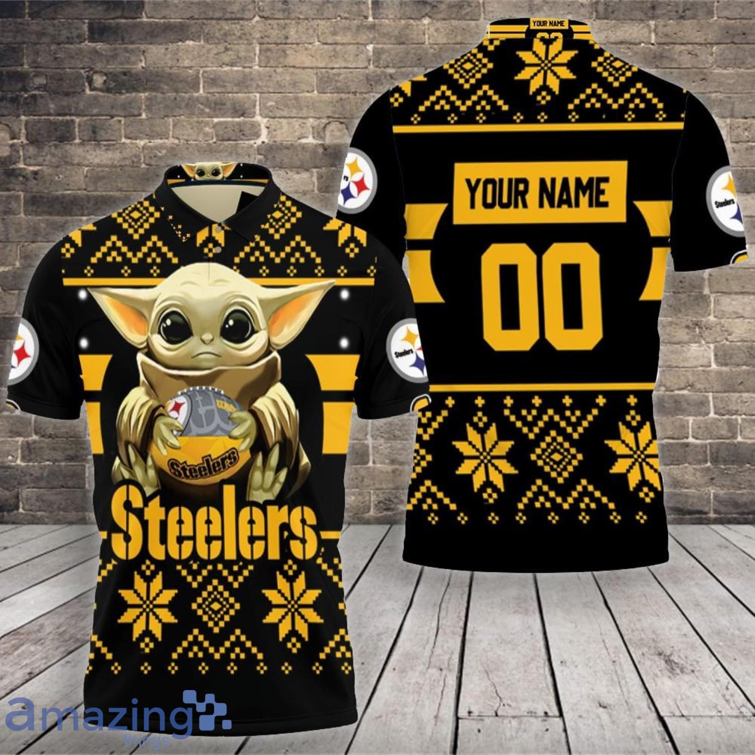 Baby Yoda Lover Baby Yoda Hugs Pittsburgh Steelers Football 2020 Custom Name And Number Polo Shirt Product Photo 1