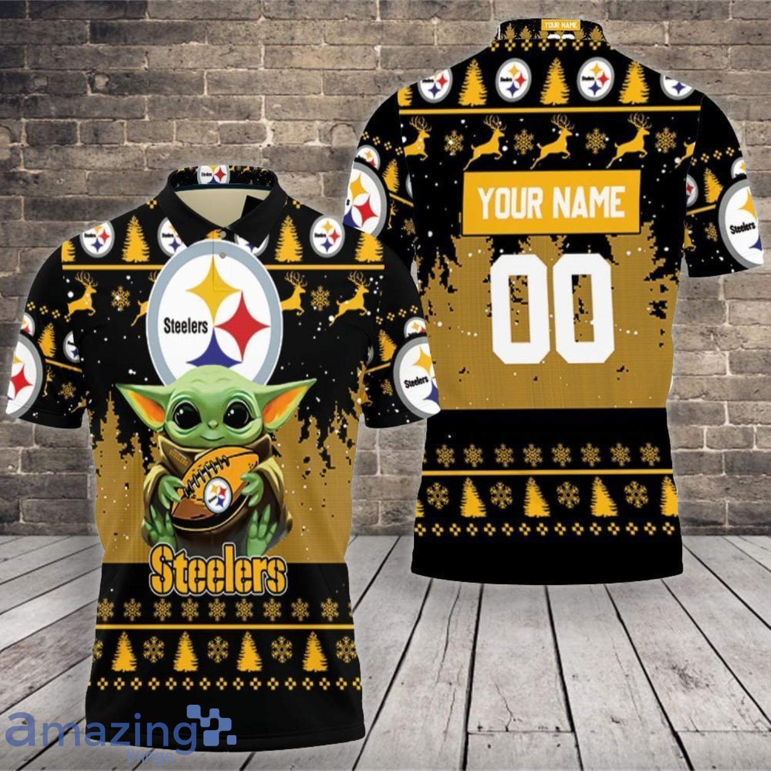 Baby Yoda Lover Baby Yoda Hugs Pittsburgh Steelers Football Custom Name And Number Polo Shirt Product Photo 1