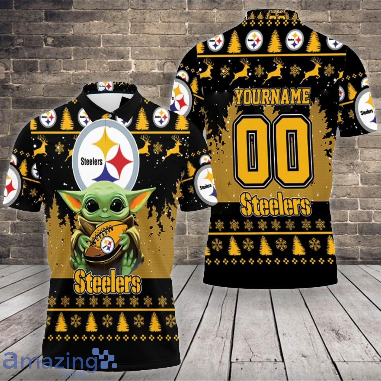 Baby Yoda Lover Baby Yoda Hugs Pittsburgh Steelers Ugly Sweater 3D Custom Name And Number Polo Shirt Product Photo 1