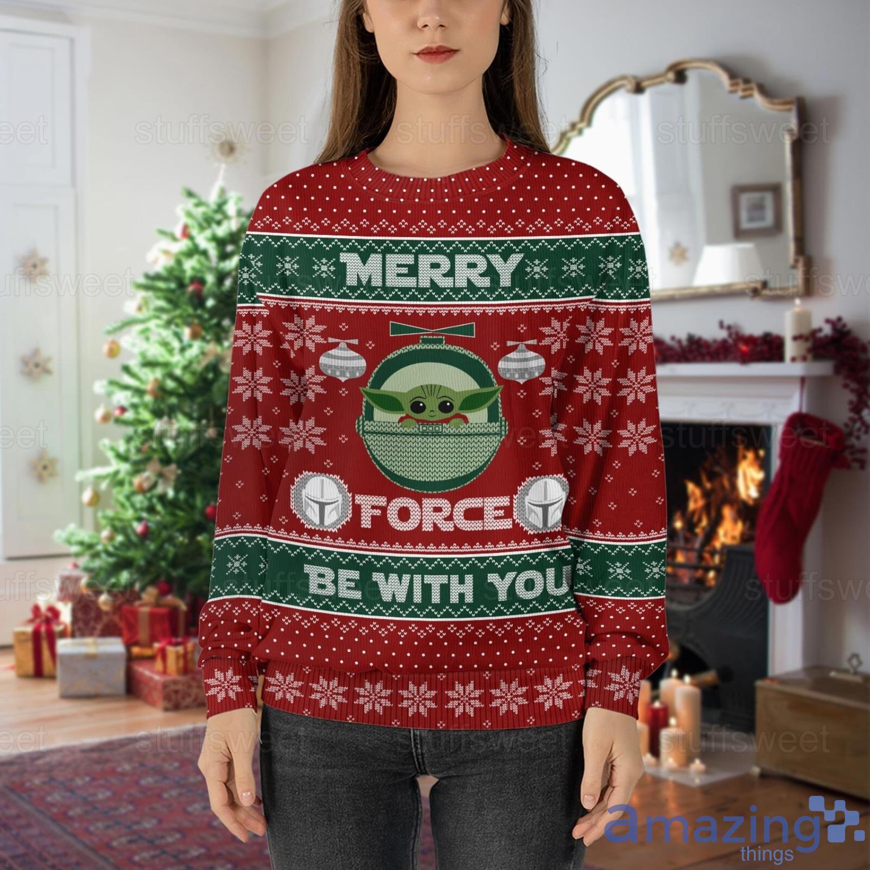 Baby Yoda The Christmas Sweater 3D Ugly Mandalorian Knitting Be With Force Merry Xmas You Red Pattern
