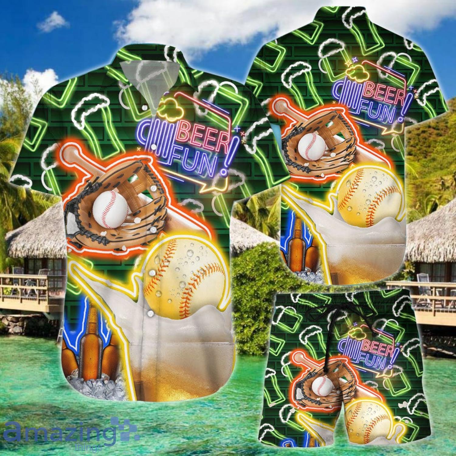 Baseball And Beer Neon Pattern Gifts Combo Hawaiian Shirt And Shorts Product Photo 1