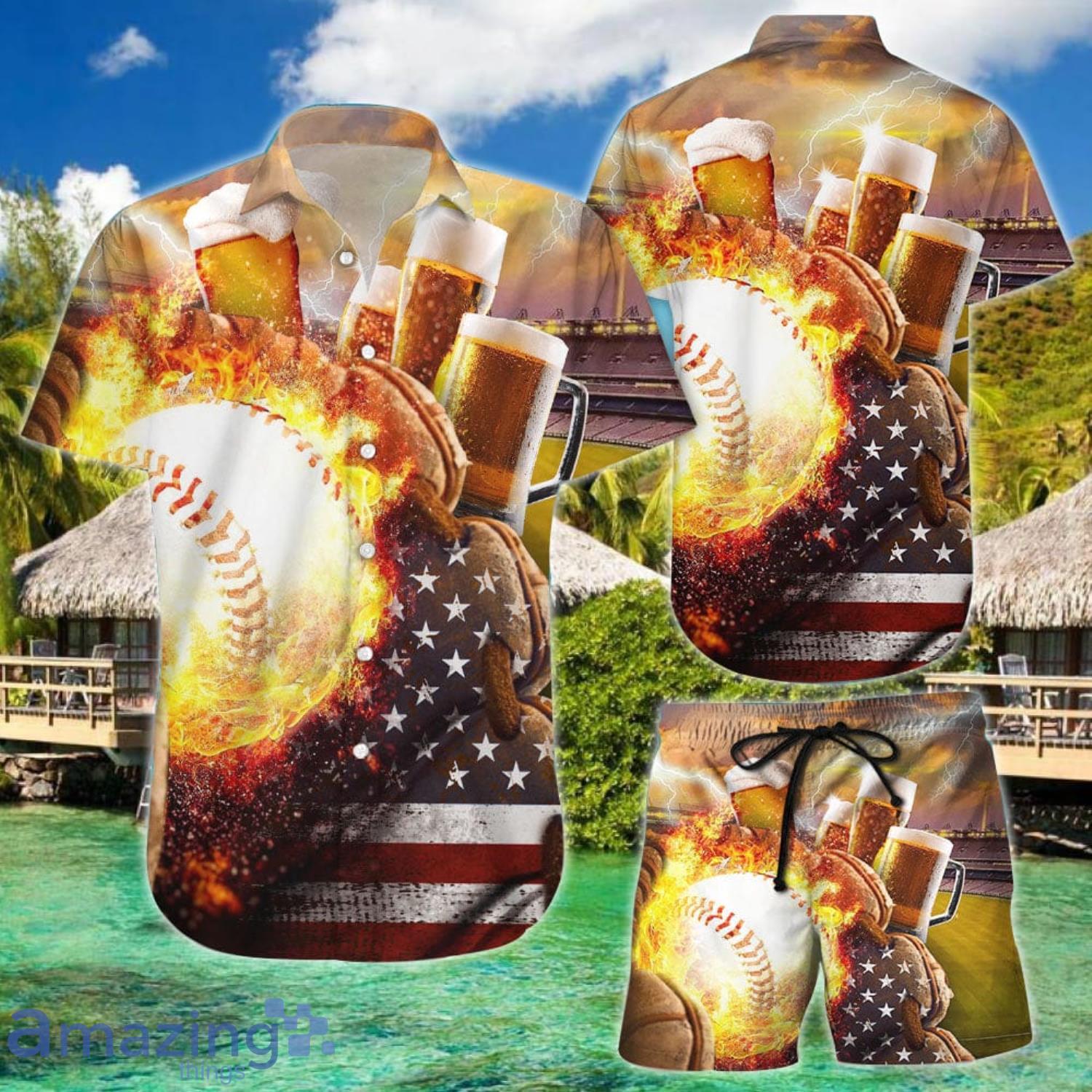 Baseball Burning and Beer USA Flag Stadium Fire And Thunder Gifts Combo Hawaiian Shirt And Shorts Product Photo 1