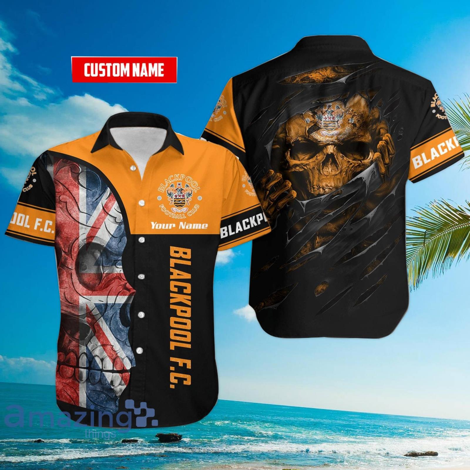 Blackpool F C Flag Skull Custom Name 3D Hawaiian Shirt For Fans Product Photo 1