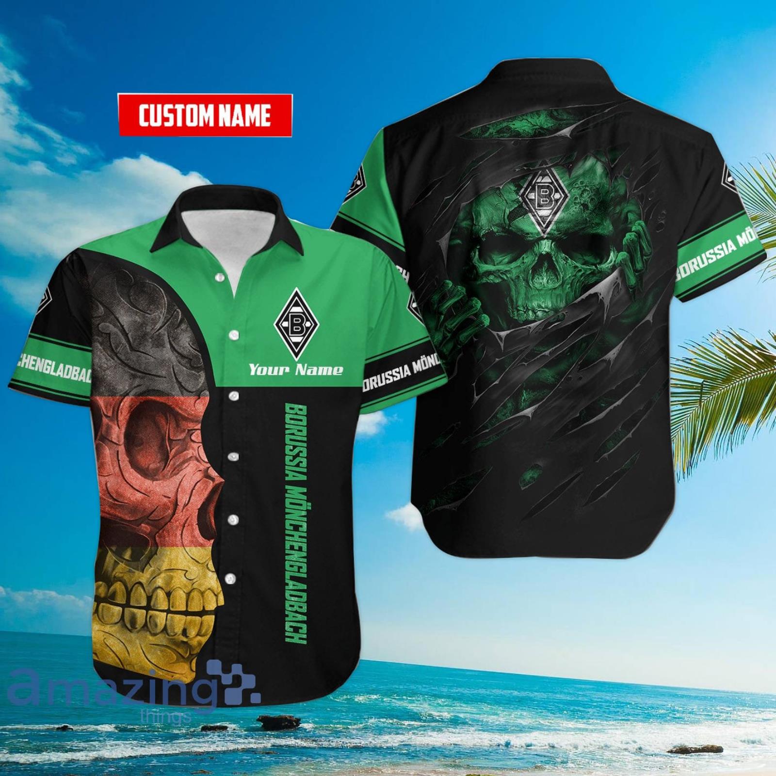 Borussia Mönchengladbach Flag Skull Custom Name 3D Hawaiian Shirt For Fans Product Photo 1 Borussia Mönchengladbach Flag Skull Custom Name 3D Hawaiian Shirt For Fans Product Photo 1
