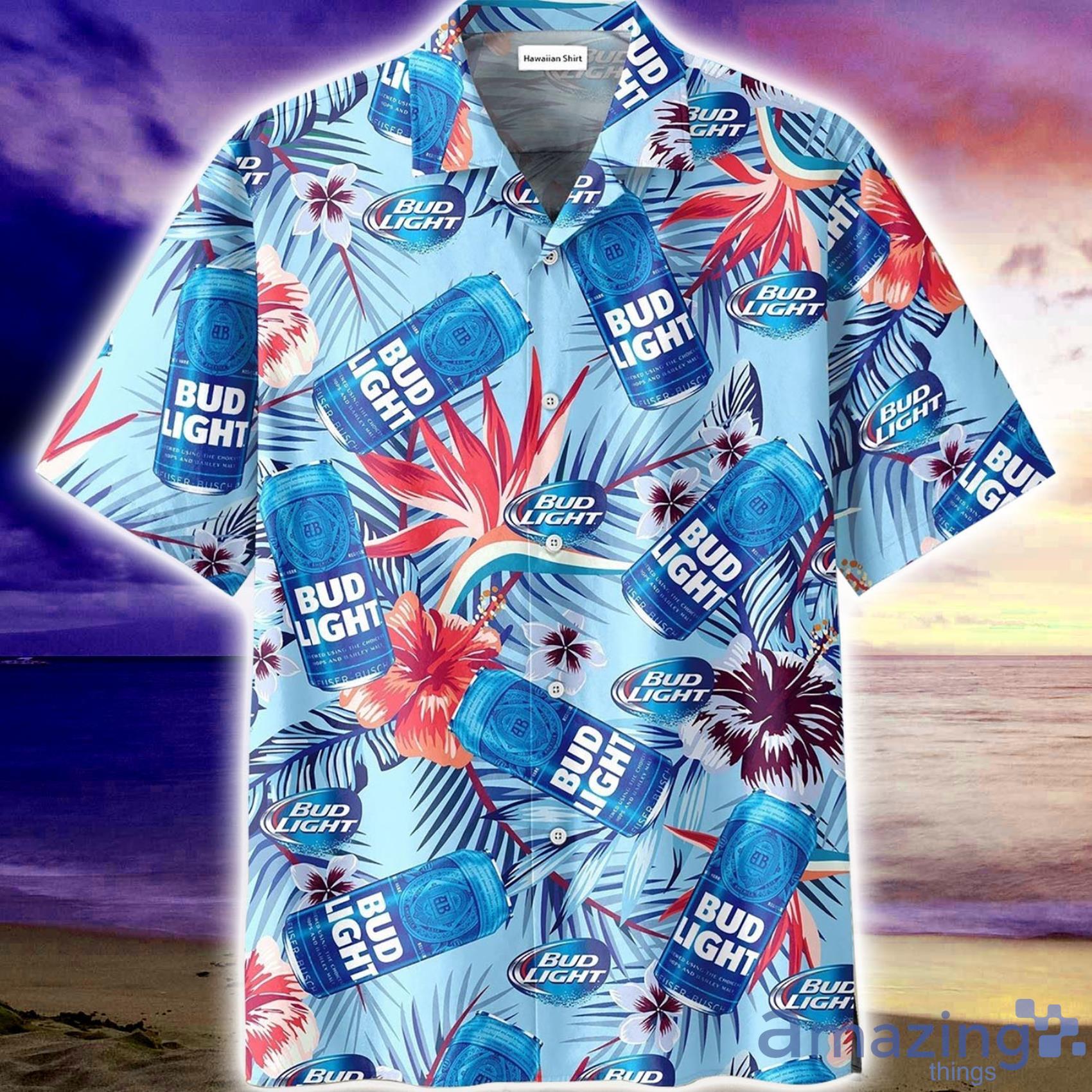 Bud Light Beer Flowers And Leaves Tropical Watercolor Blue Hawaiian Shirt Product Photo 1