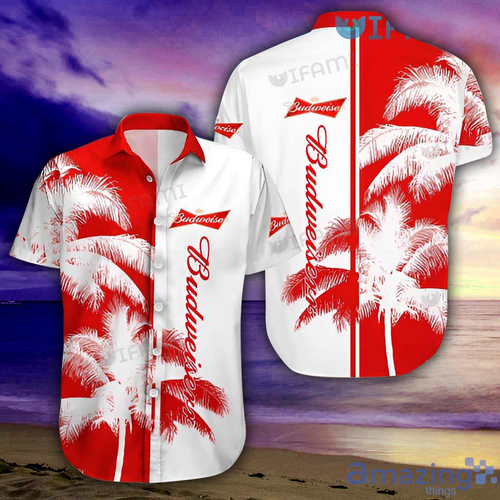 Budweiser Coconut Trees Red White Short Sleeve Hawaiian Shirt For Men And Women Product Photo 1