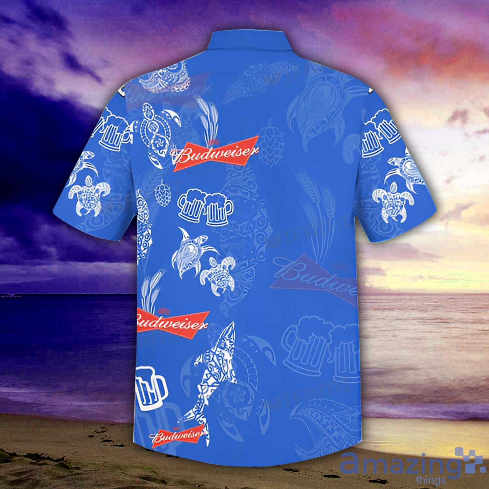 Budweiser Dolphin Turtle Blue Ocean Short Sleeve Hawaiian Shirt Beer Lovers Gift image Budweiser Dolphin Turtle Blue Ocean Short Sleeve Hawaiian Shirt Beer Lovers Gift Product Photo 2