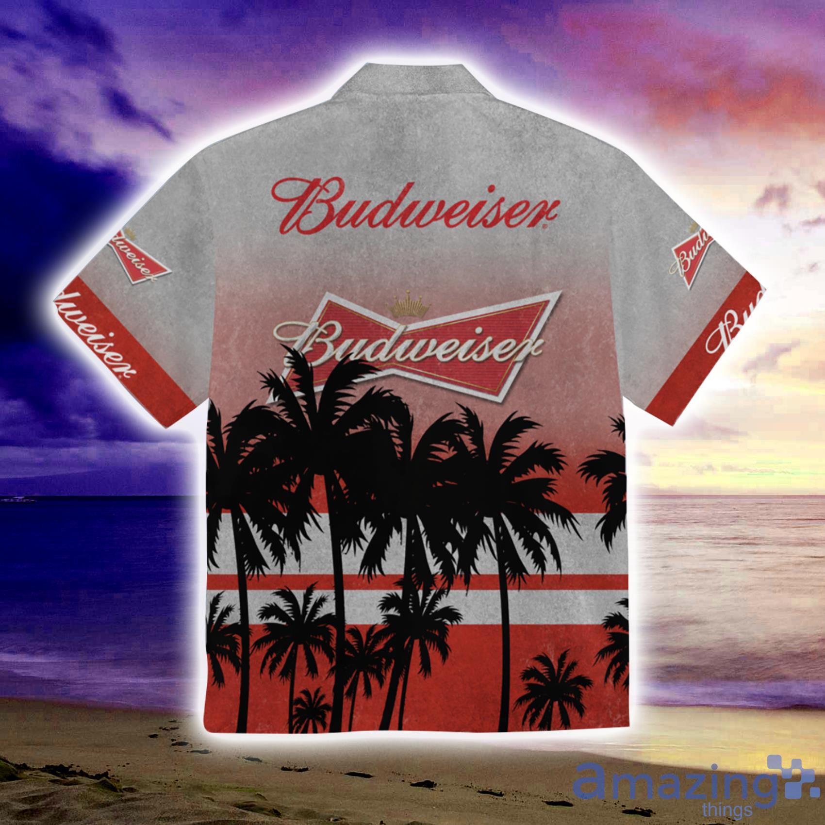 Budweiser Palm Tree And Grunge Texture Short Sleeve Hawaiian Shirt For Men And Women Product Photo 1